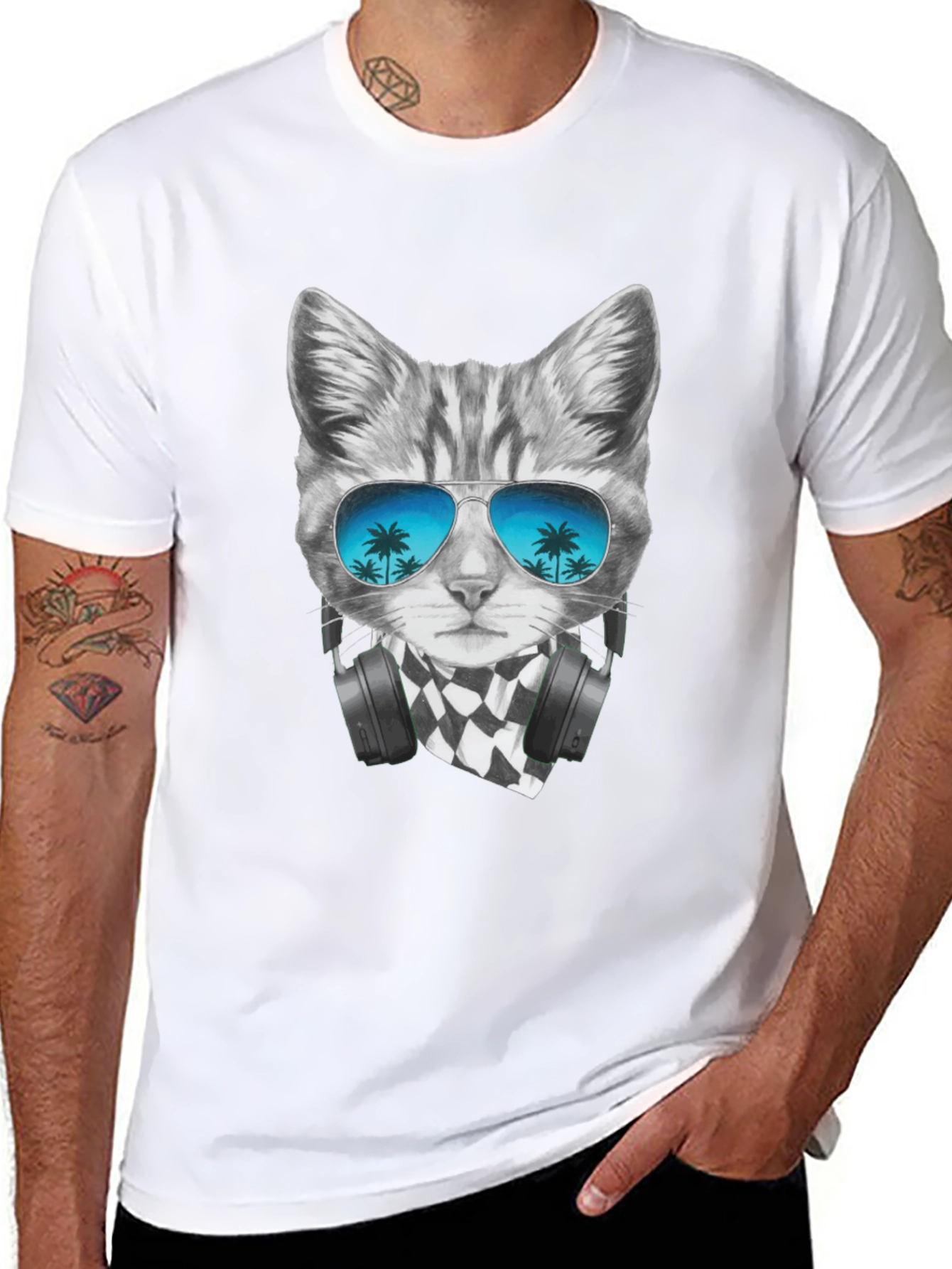 Cool Cat T-Shirt - Palm Tree Sunglasses & Headphones