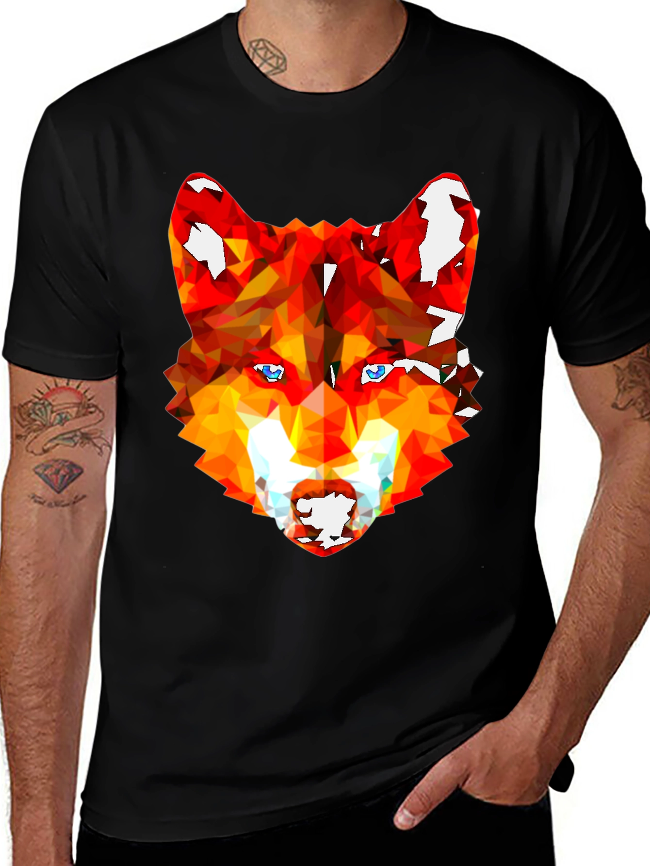 Geometric Wolf Graphic Tee - Stylish Mens Black T-Shirt