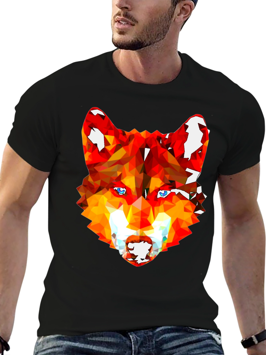 Geometric Wolf Graphic Tee - Stylish Mens Black T-Shirt