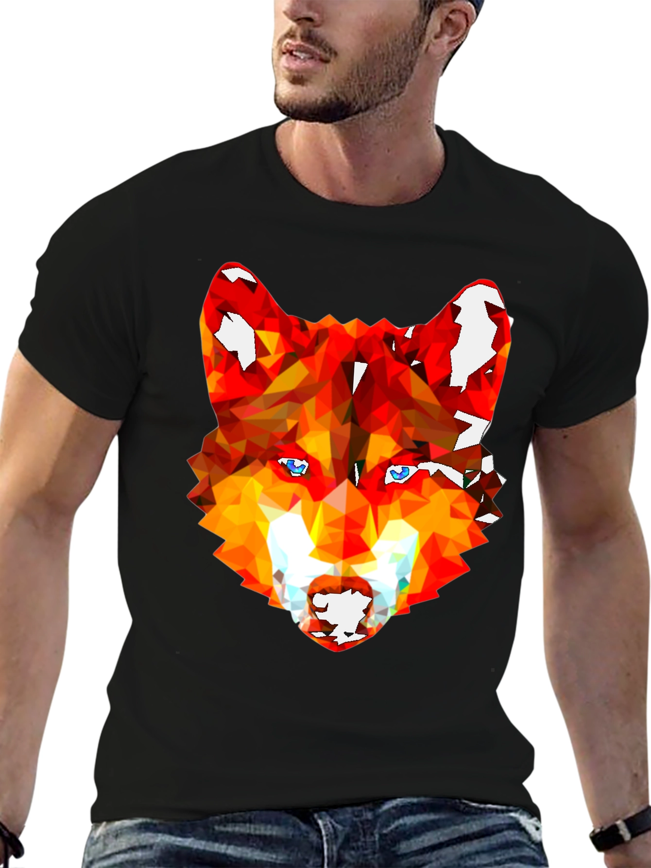 Geometric Wolf Graphic Tee - Stylish Mens Black T-Shirt