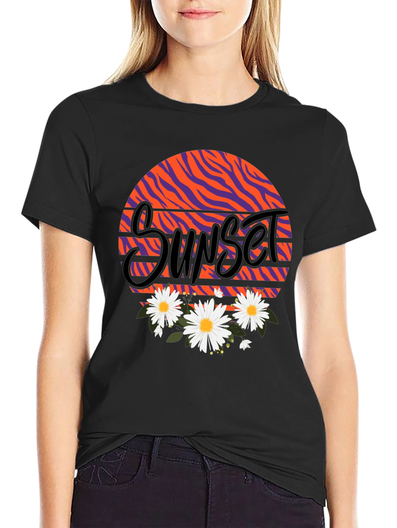Sunset Floral Graphic Black T-Shirt