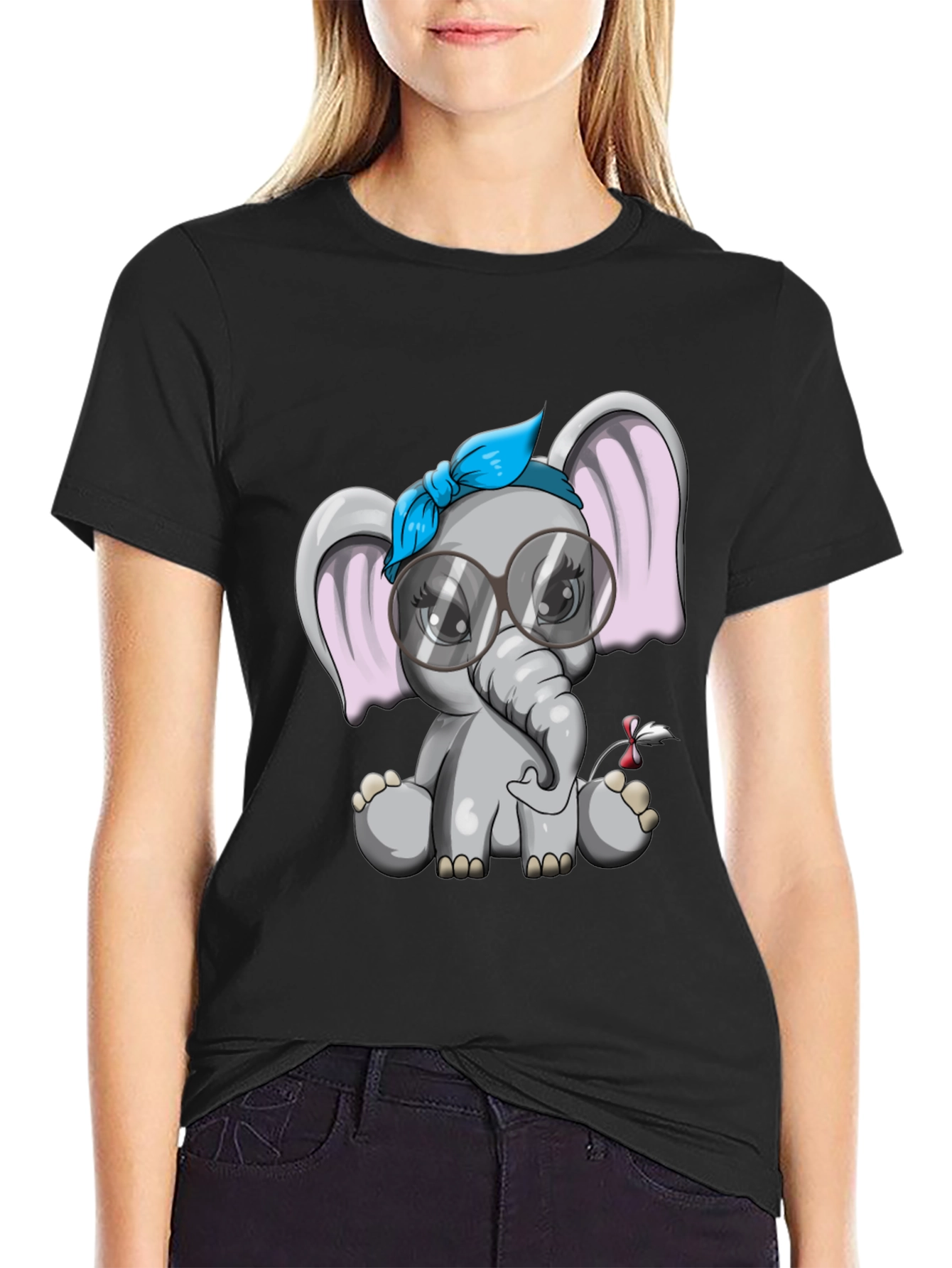 Cute Elephant Graphic Tee - Black