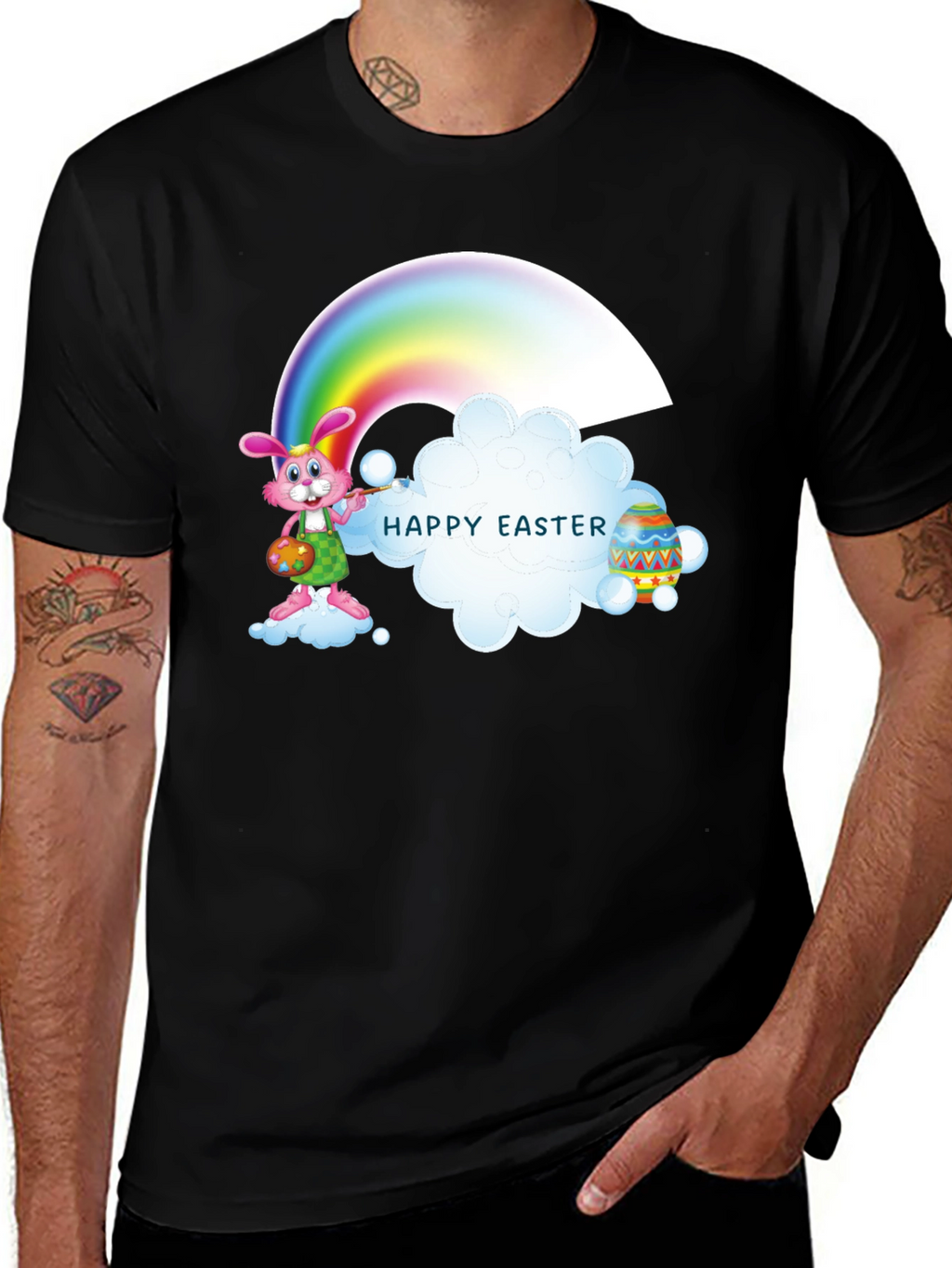 Happy Easter Rainbow Bunny Black T-Shirt