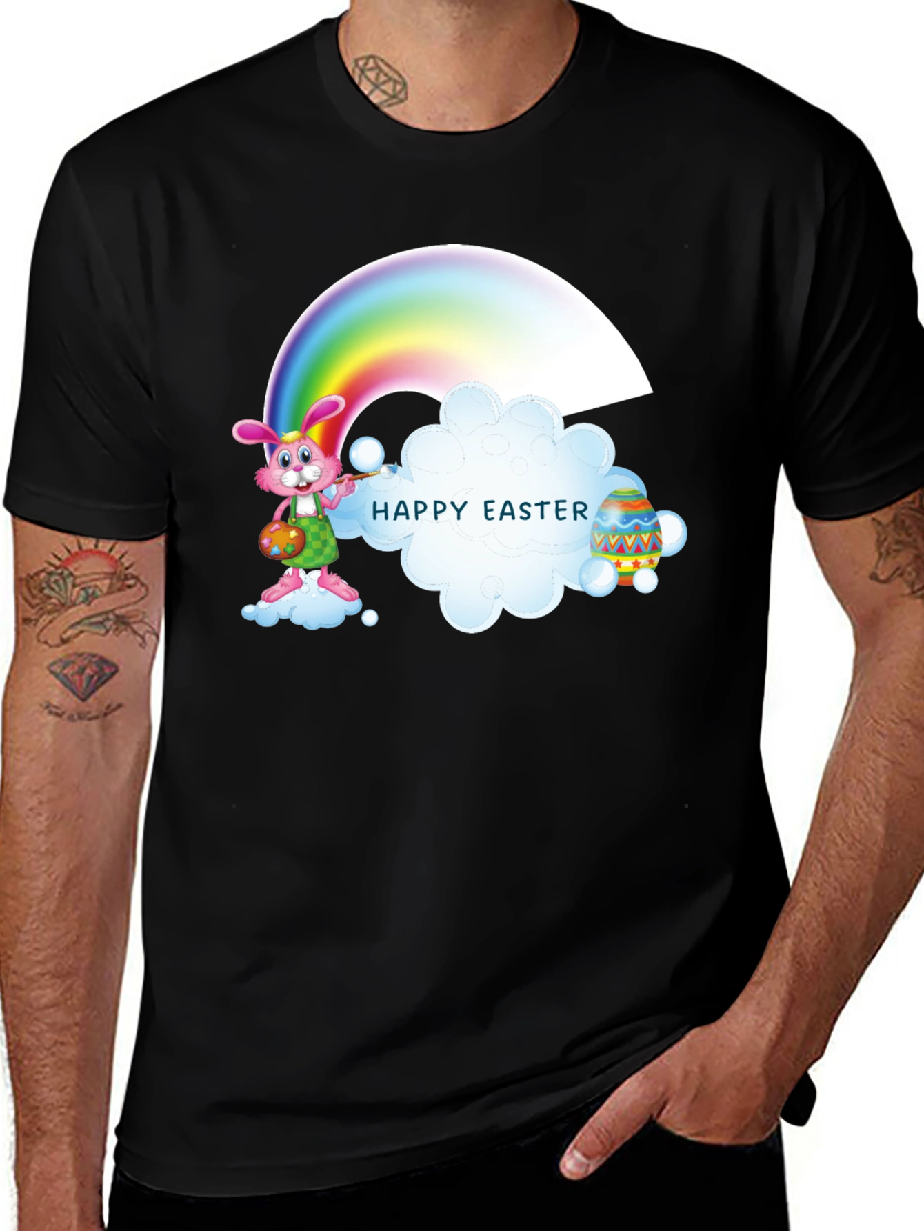 Happy Easter Rainbow Bunny Black T-Shirt