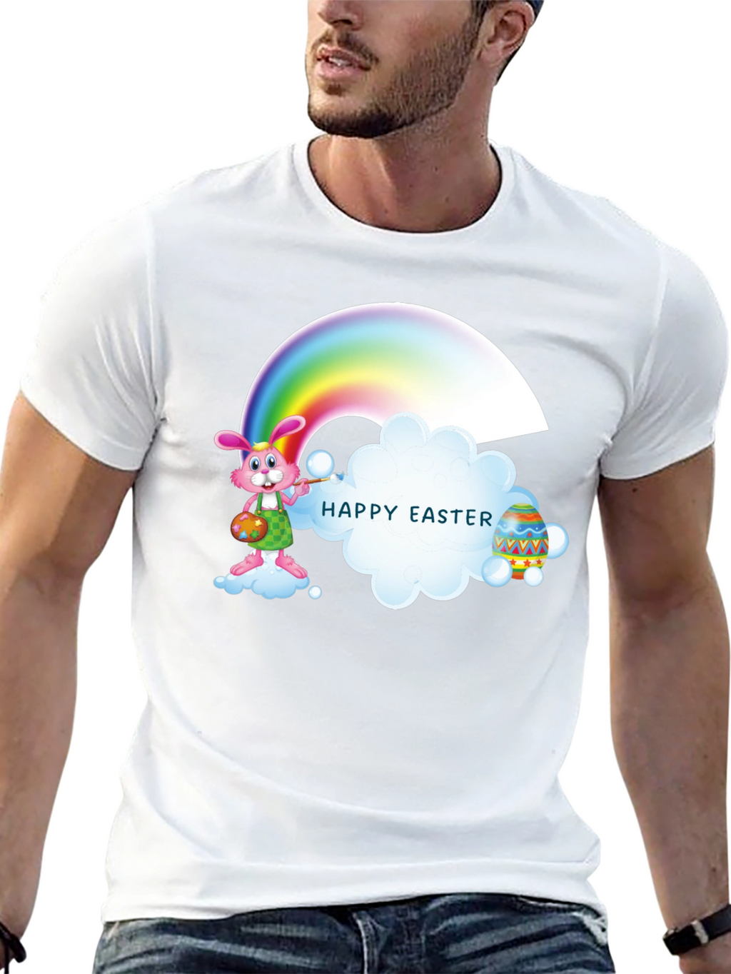 Happy Easter Rainbow Bunny Black T-Shirt