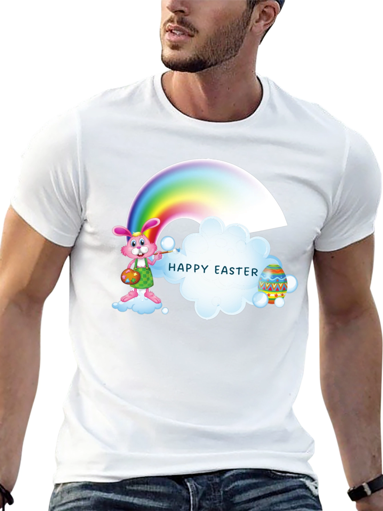 Happy Easter Rainbow Bunny Black T-Shirt