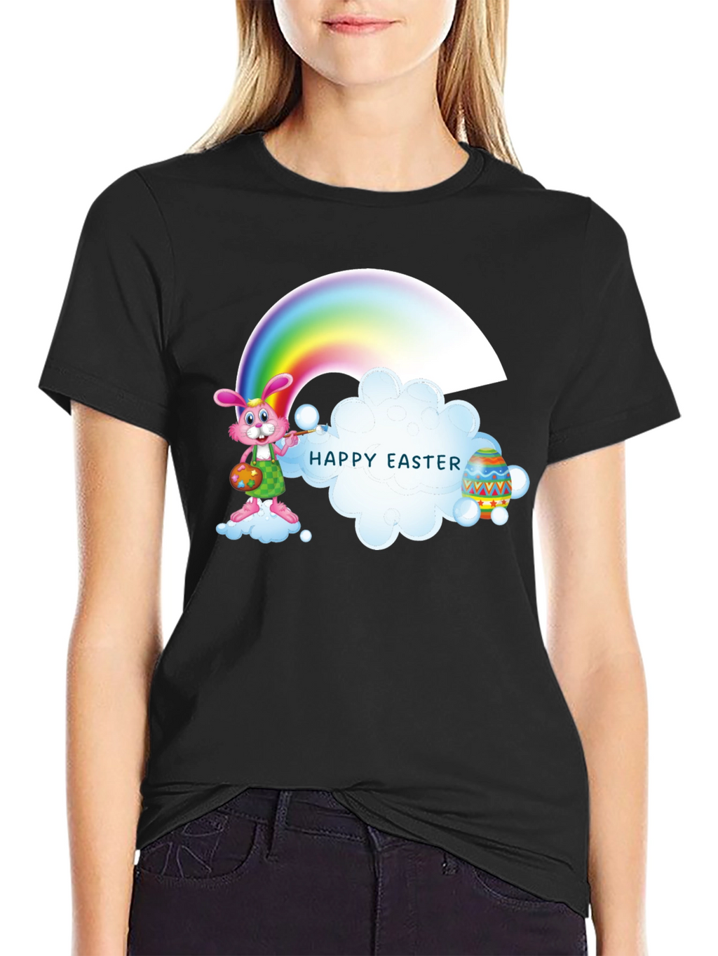 Happy Easter Rainbow Bunny Black T-Shirt
