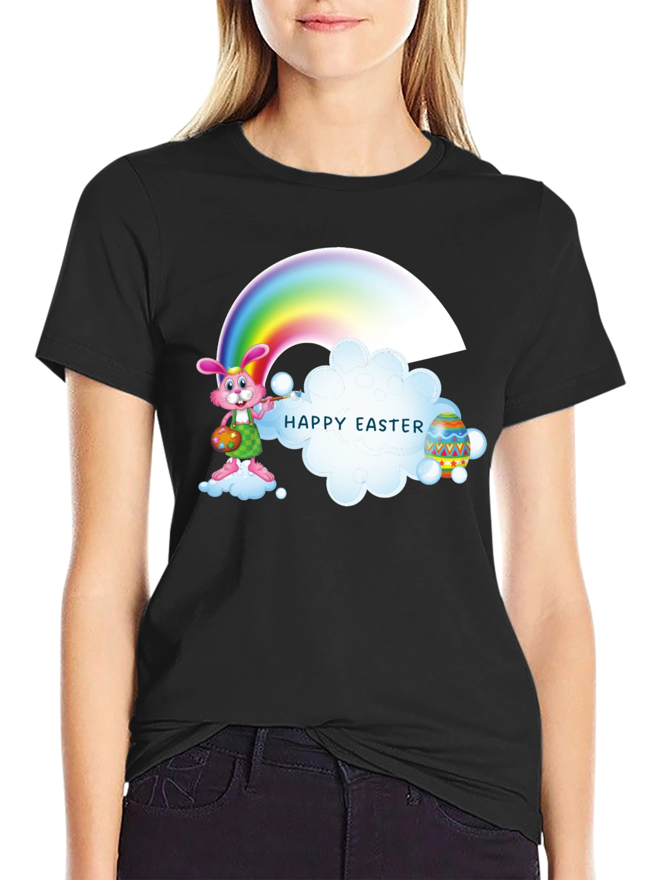 Happy Easter Rainbow Bunny Black T-Shirt