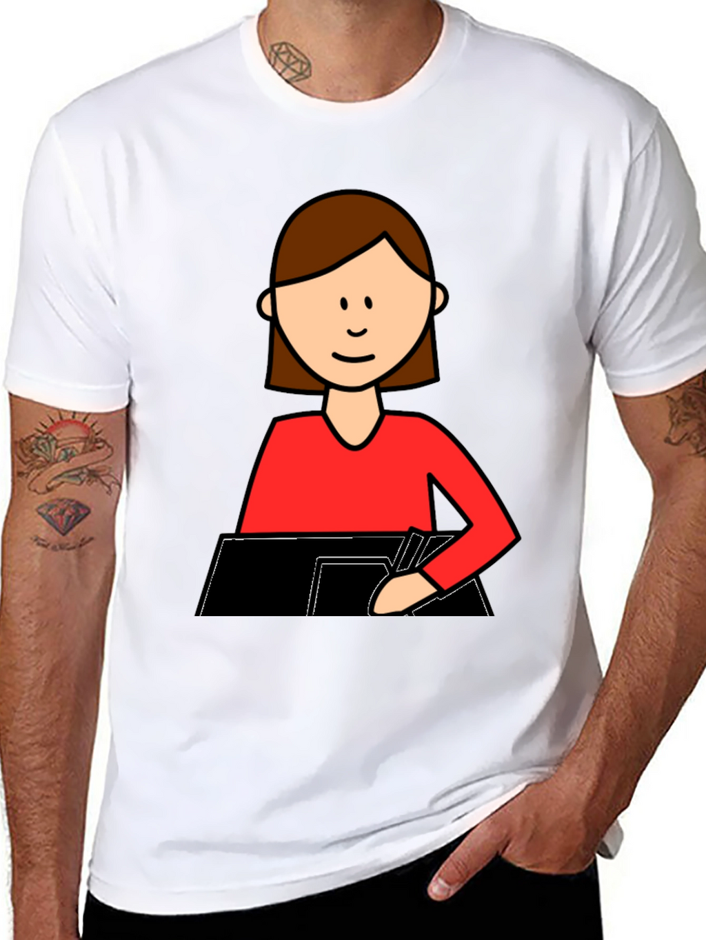 Cartoon Woman Writing T-Shirt - Black