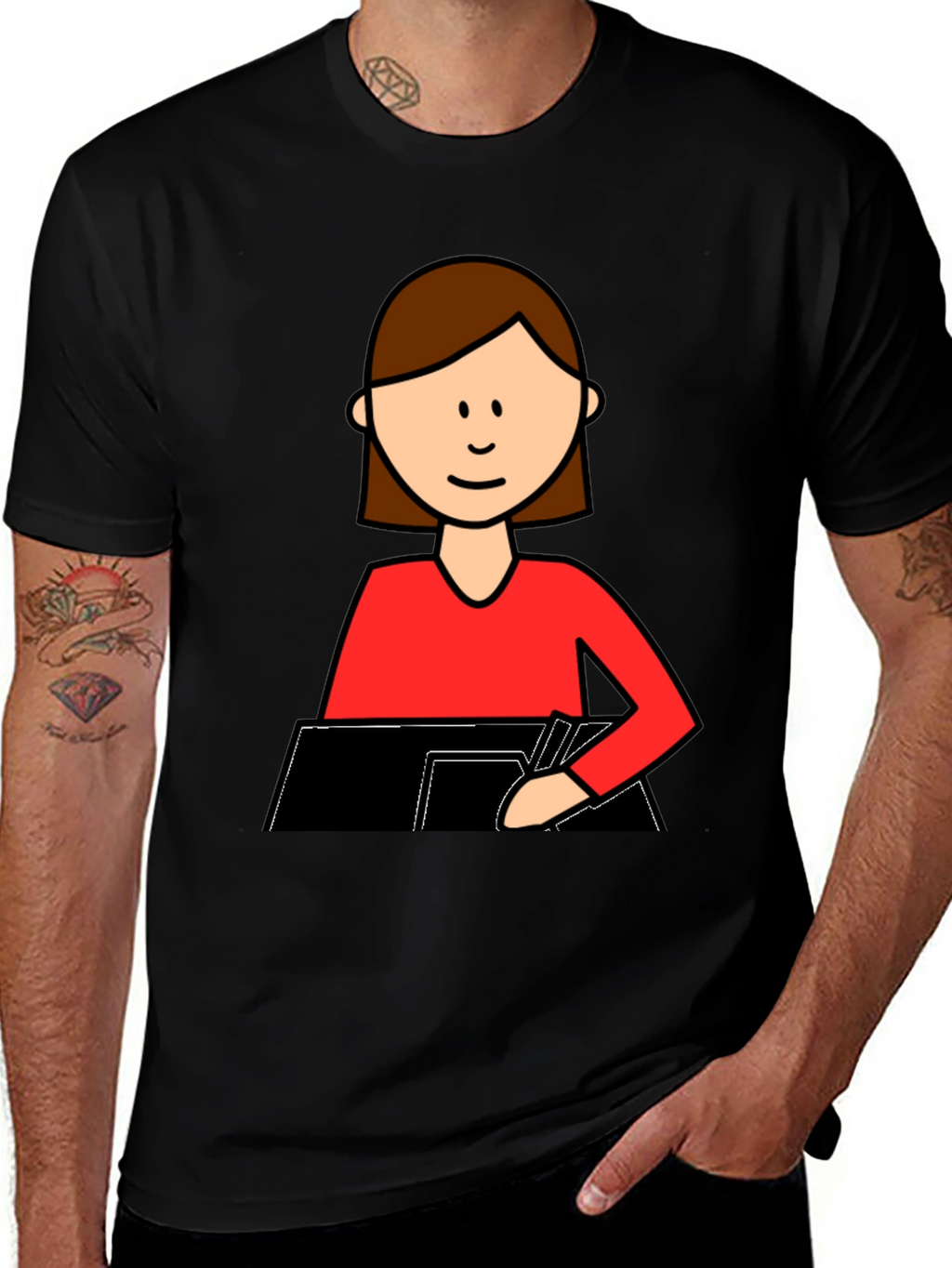 Cartoon Woman Writing T-Shirt - Black