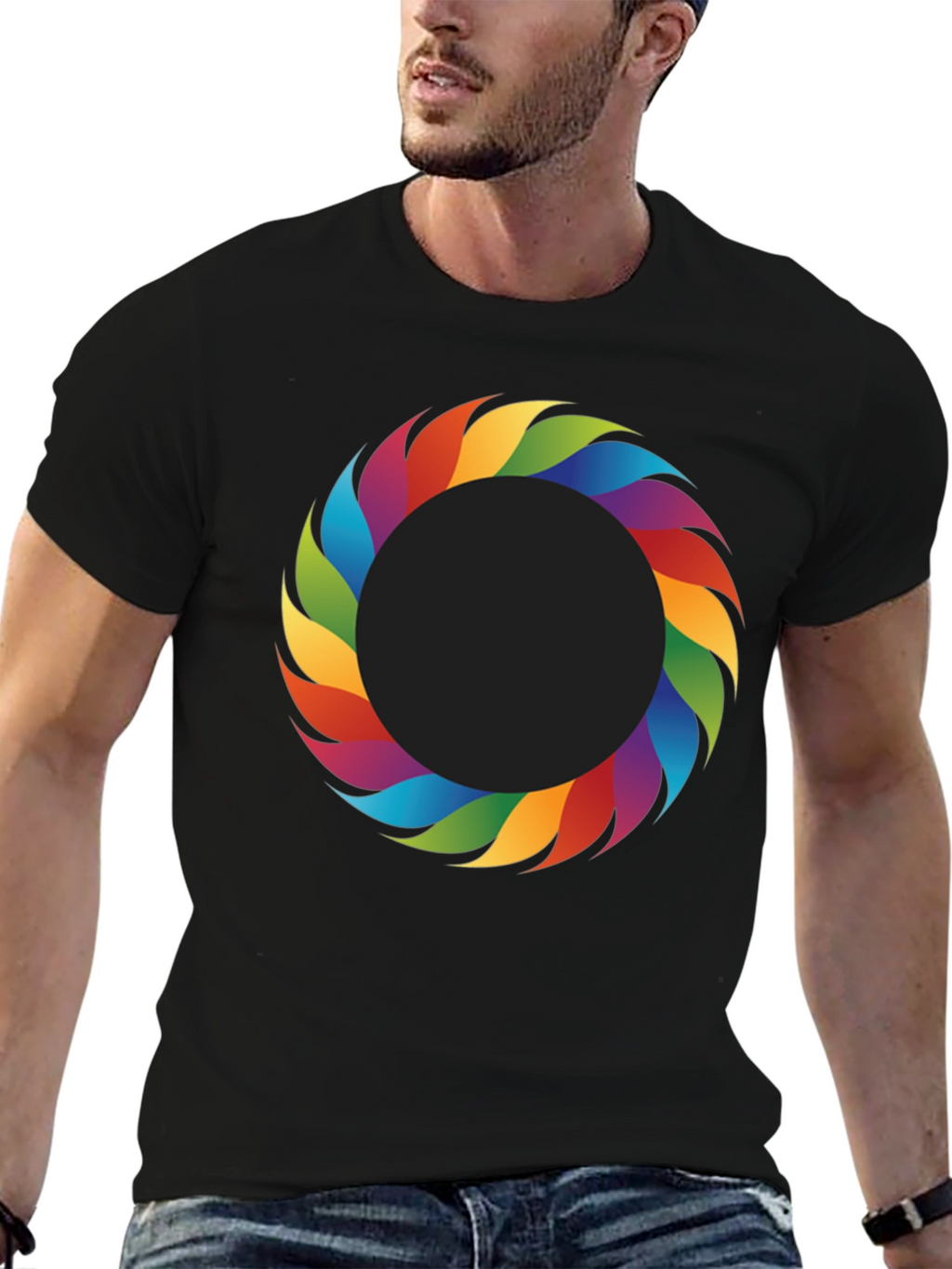 Rainbow Ring Graphic Tee - Stylish Mens Black T-Shirt