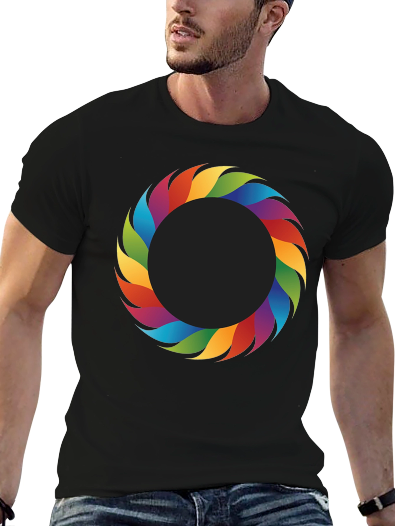 Rainbow Ring Graphic Tee - Stylish Mens Black T-Shirt