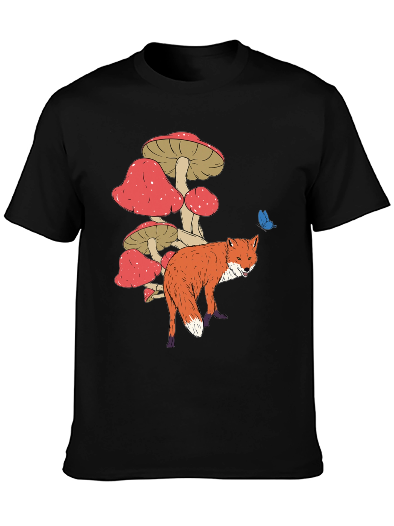 Fox and Mushroom Graphic Tee - Unisex Black T-Shirt
