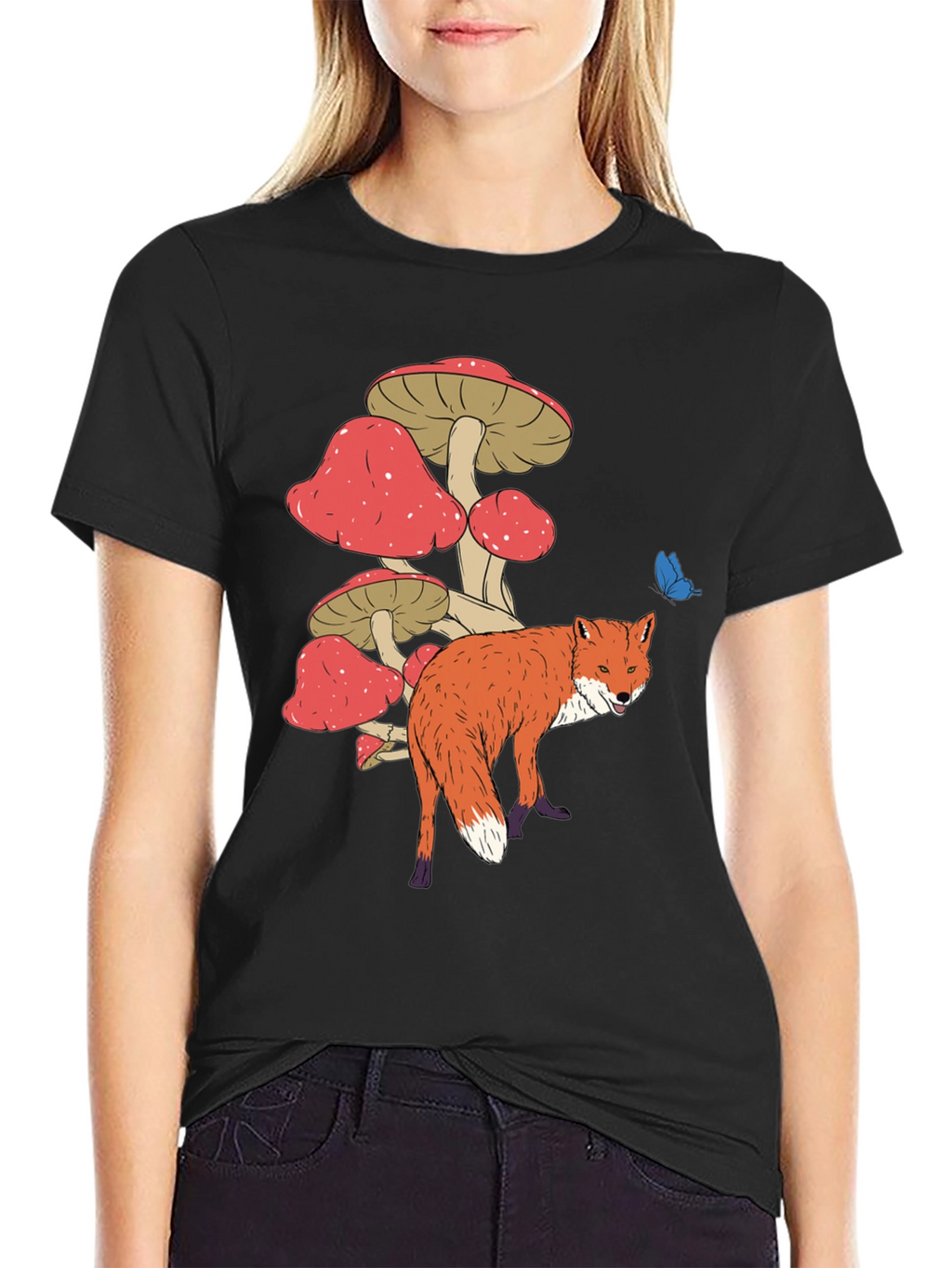 Fox and Mushroom Graphic Tee - Unisex Black T-Shirt