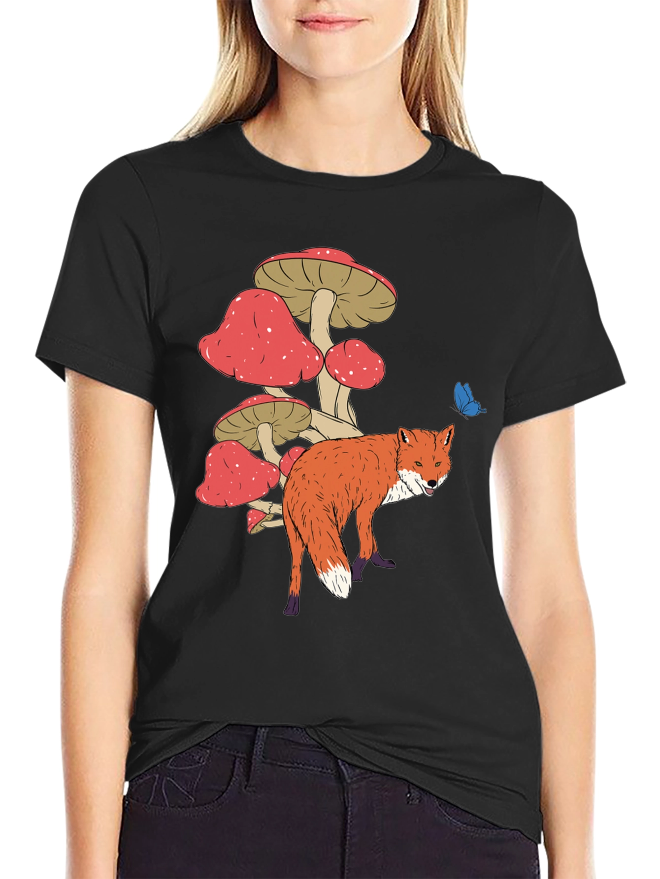 Fox and Mushroom Graphic Tee - Unisex Black T-Shirt