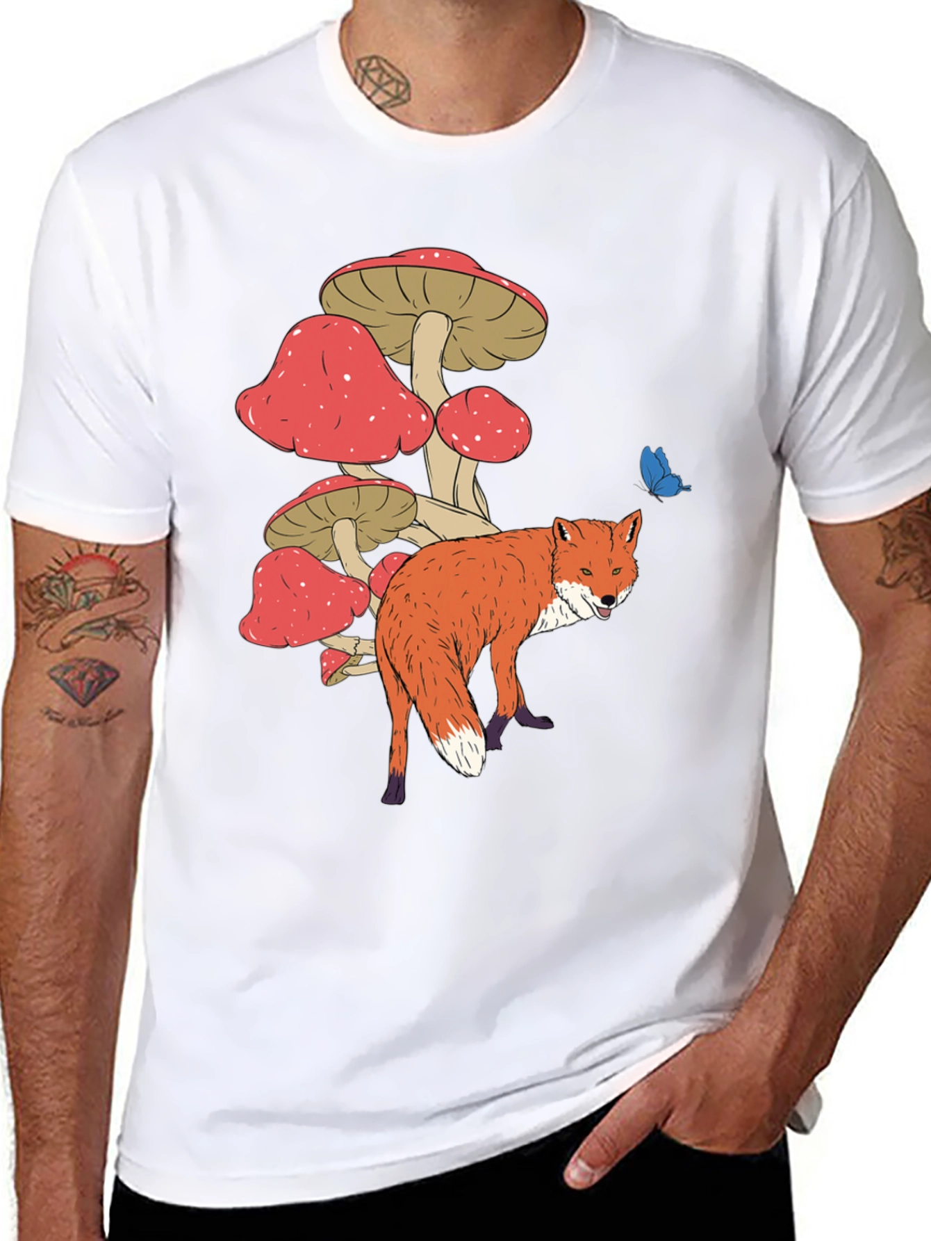 Fox and Mushroom Graphic Tee - Unisex Black T-Shirt