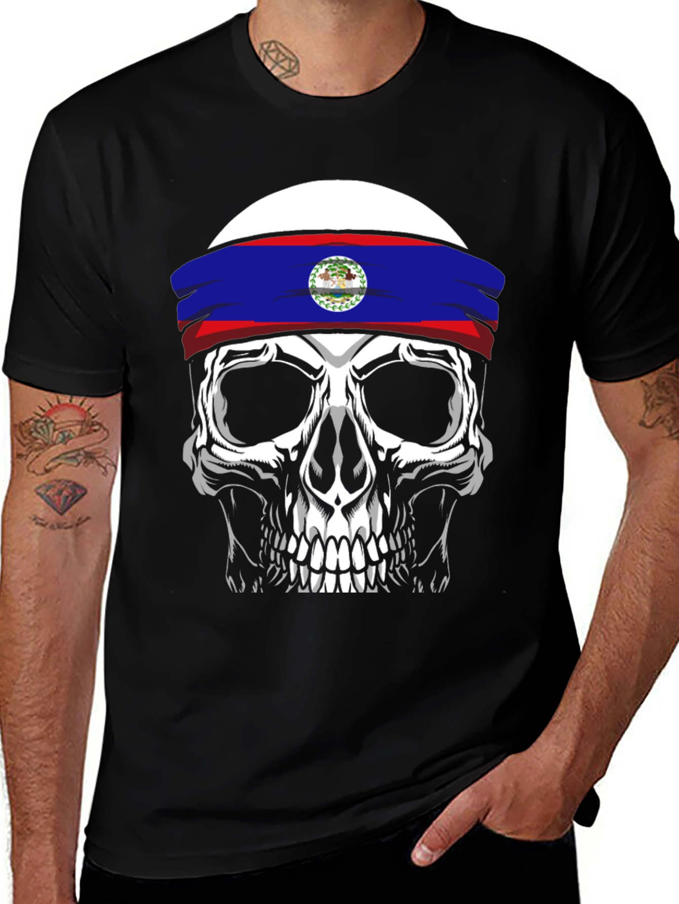 Skull Belize Flag Headband T-Shirt