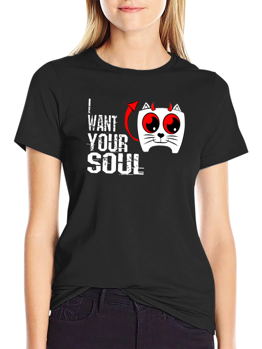 I Want Your Soul Cat Devil Graphic Black T-Shirt