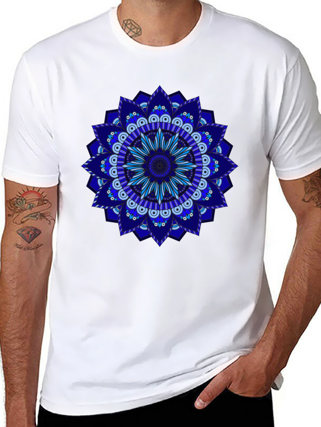 Blue Mandala Graphic Black T-Shirt