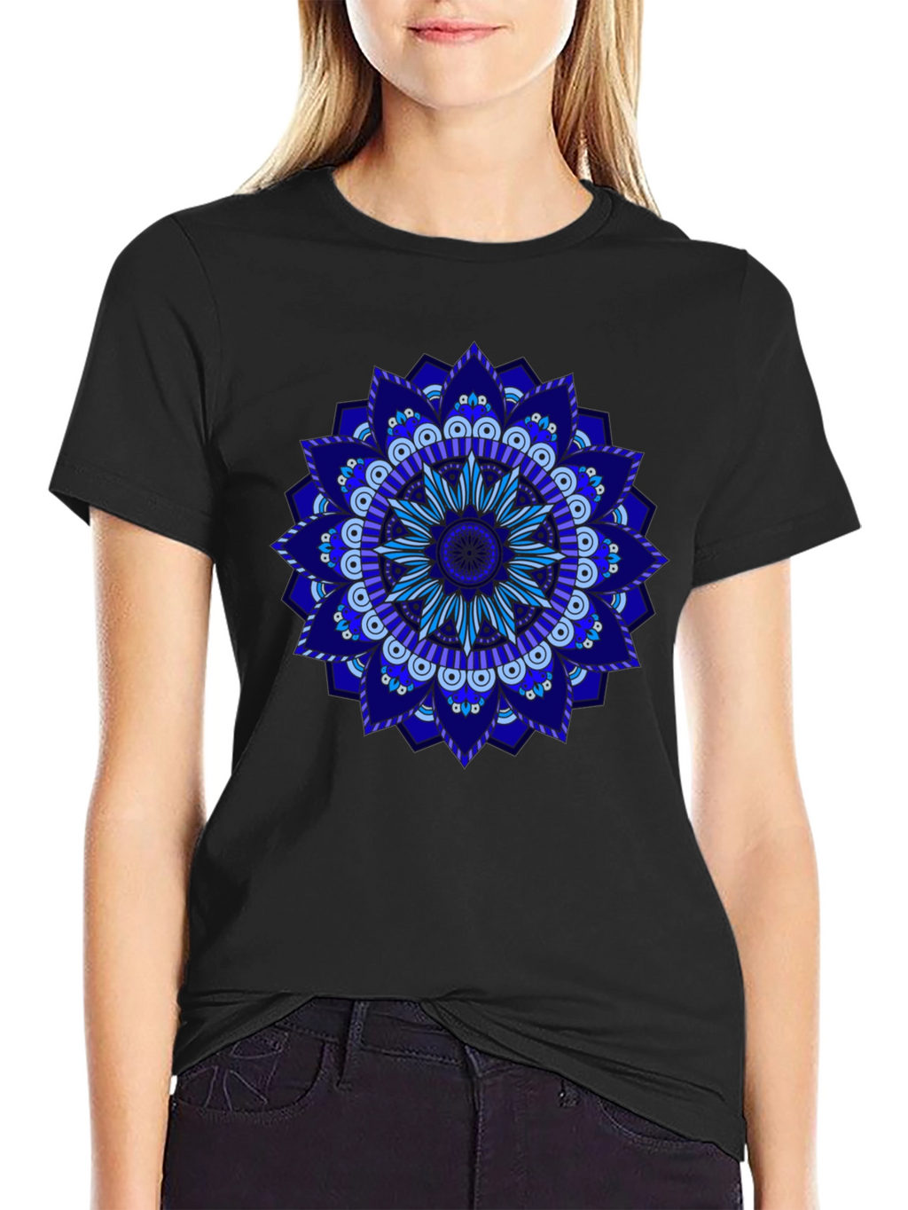 Blue Mandala Graphic Black T-Shirt