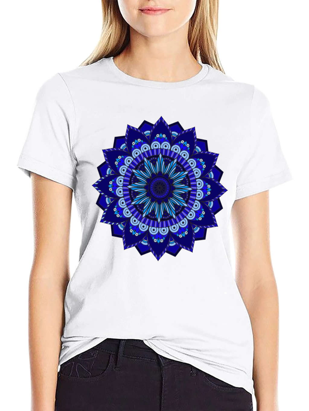 Blue Mandala Graphic Black T-Shirt