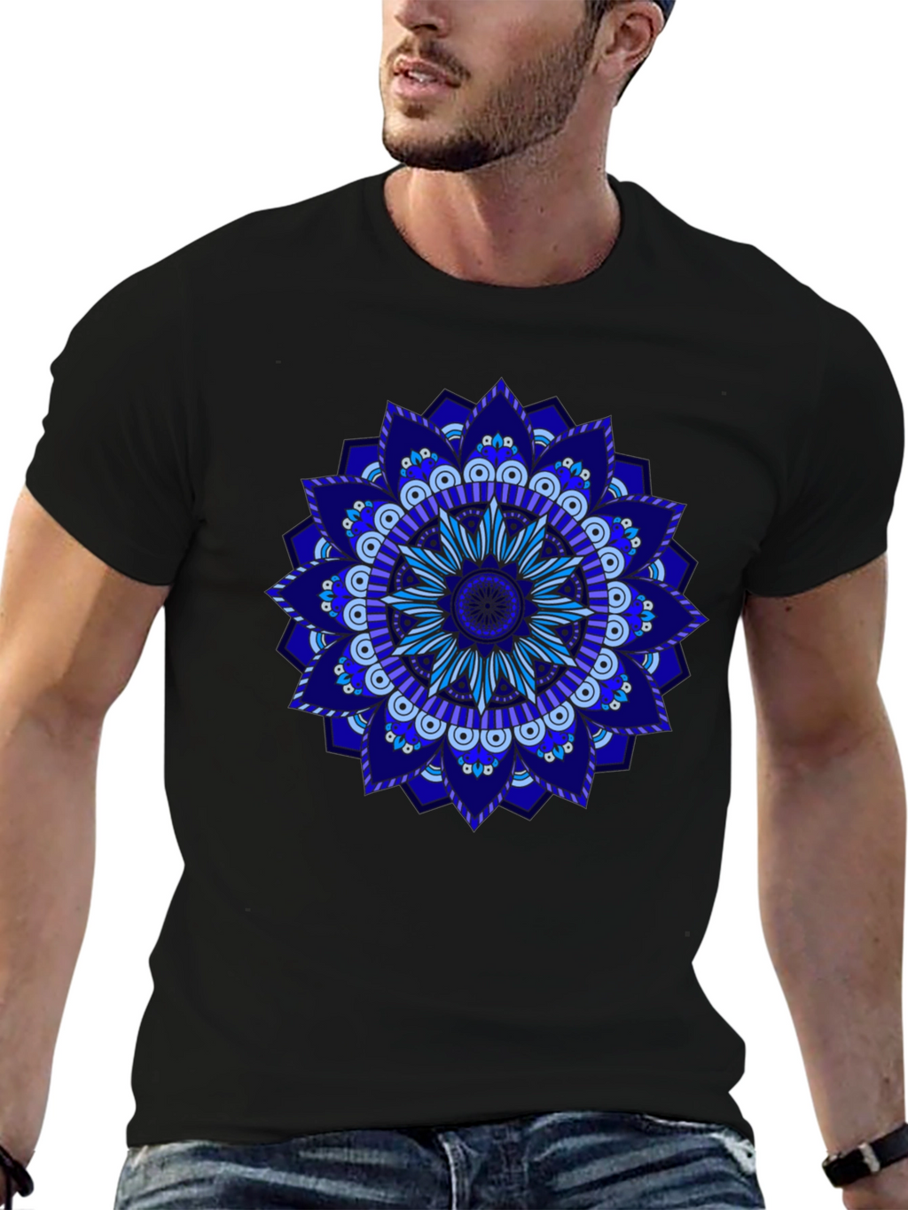 Blue Mandala Graphic Black T-Shirt