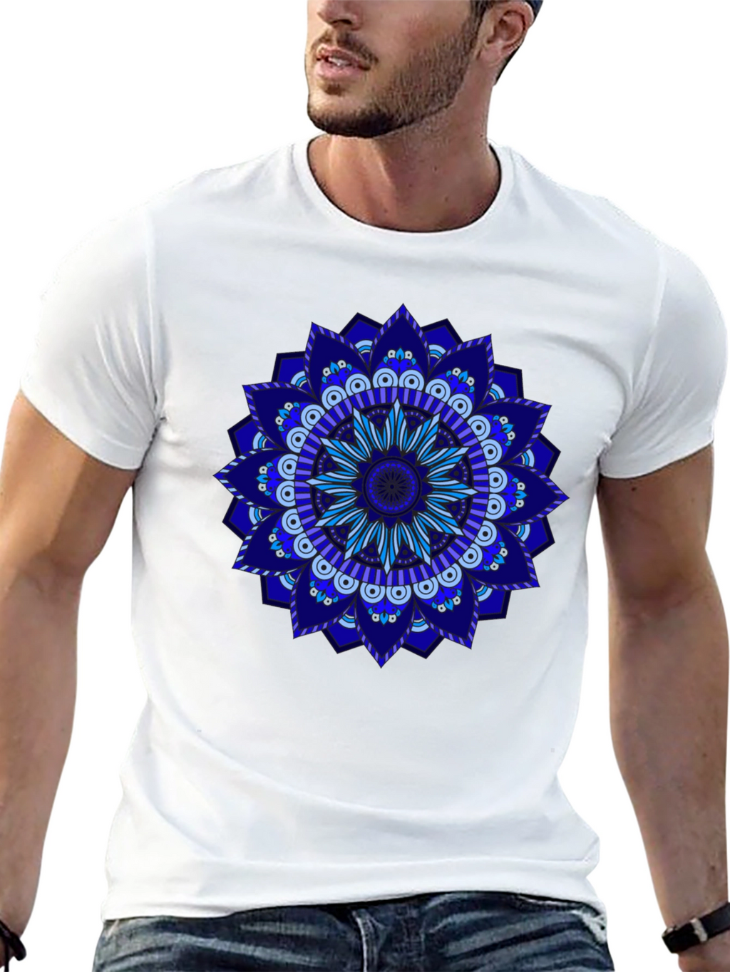 Blue Mandala Graphic Black T-Shirt