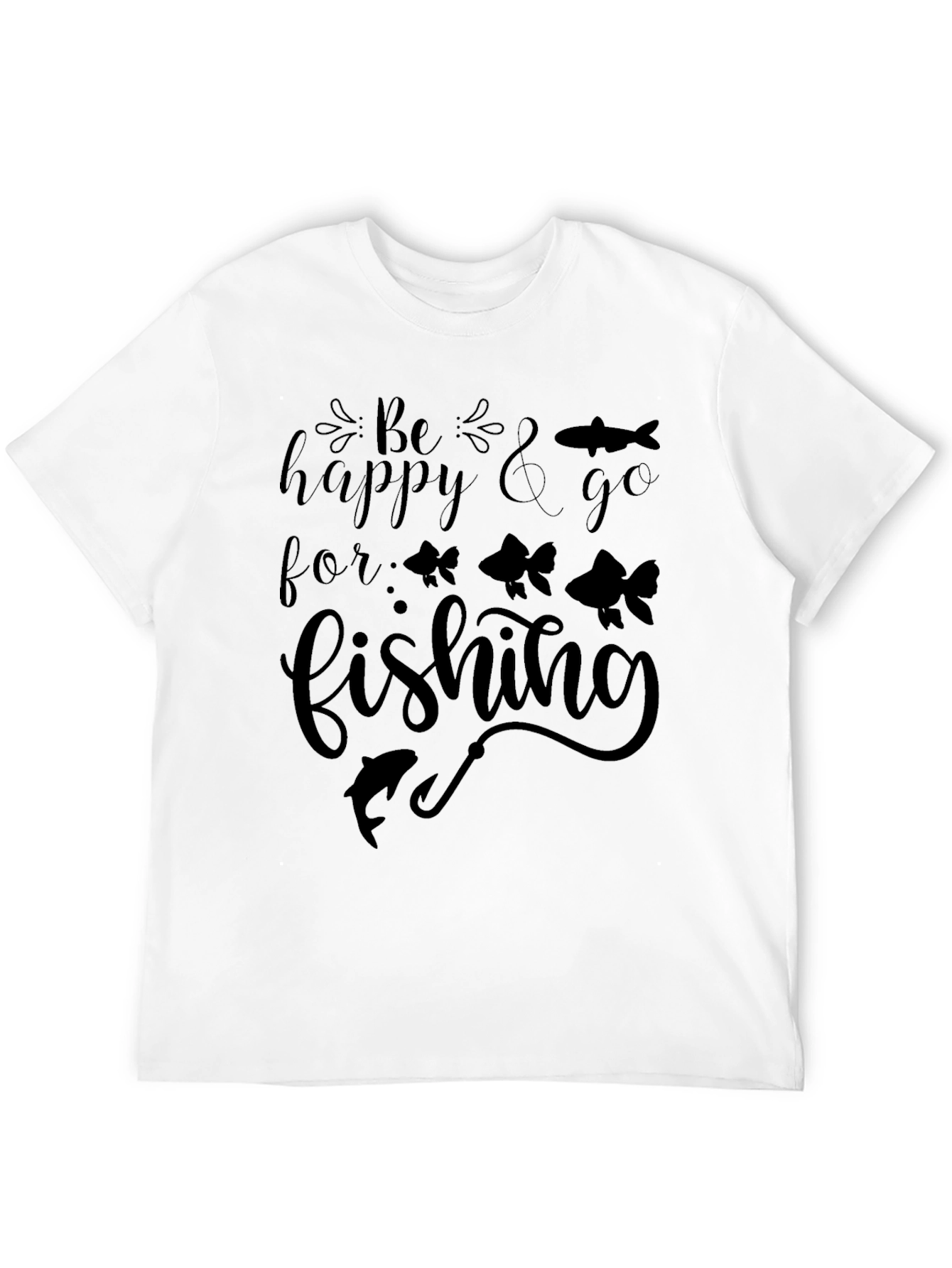 Be Happy & Go Fishing Graphic Tee - Mens Black Cotton T-Shirt