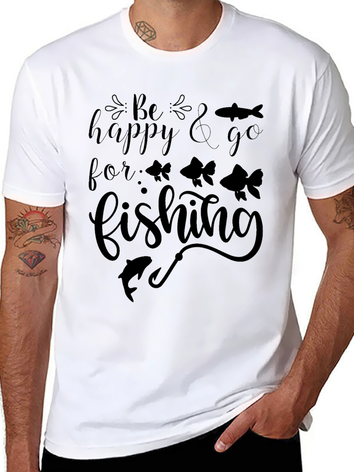 Be Happy & Go Fishing Graphic Tee - Mens Black Cotton T-Shirt