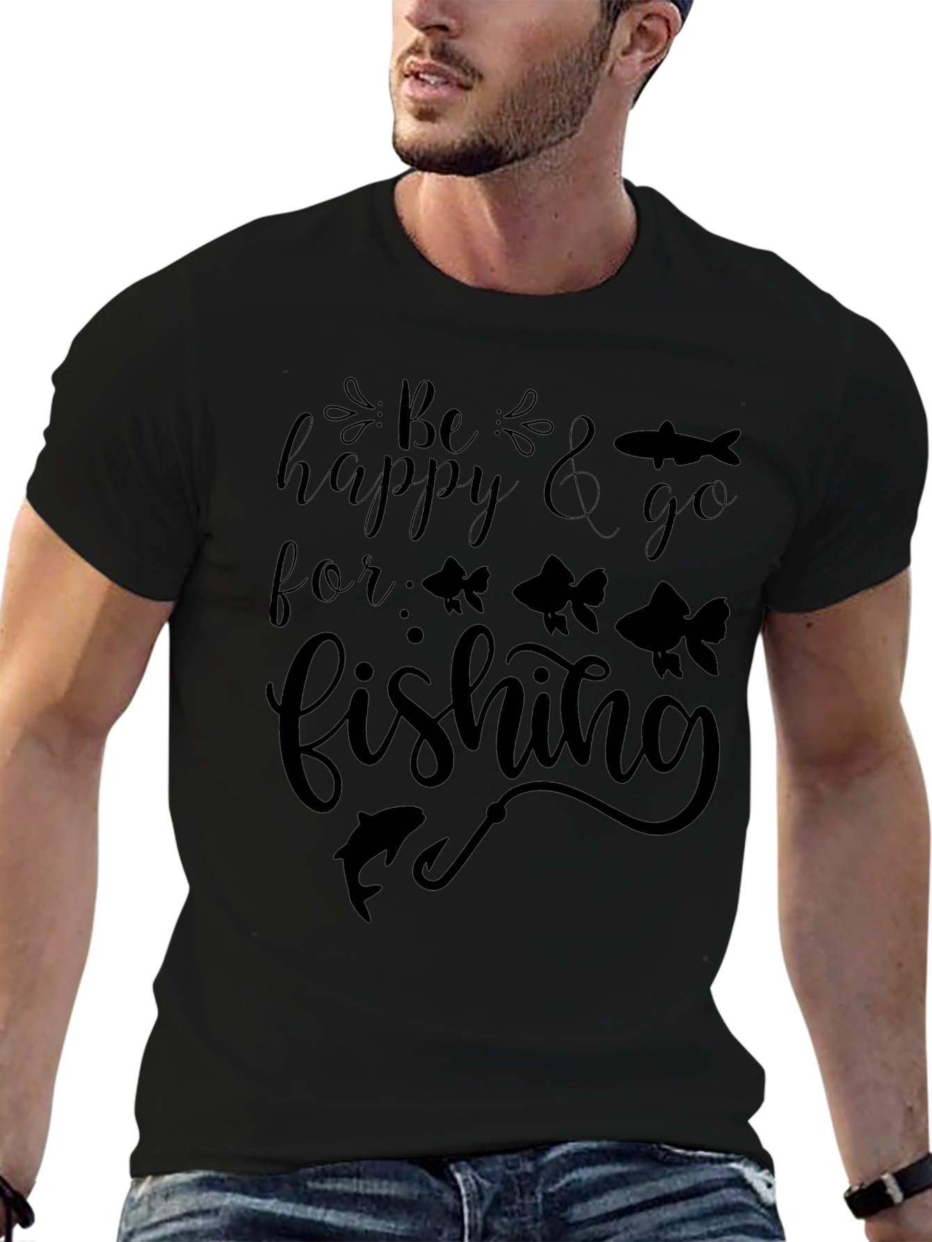 Be Happy & Go Fishing Graphic Tee - Mens Black Cotton T-Shirt