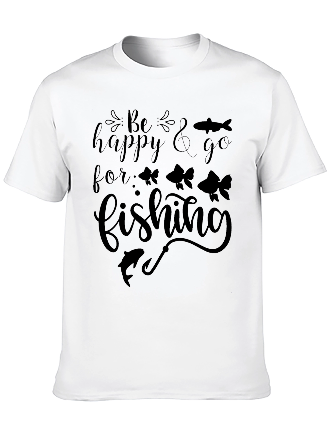 Be Happy & Go Fishing Graphic Tee - Mens Black Cotton T-Shirt