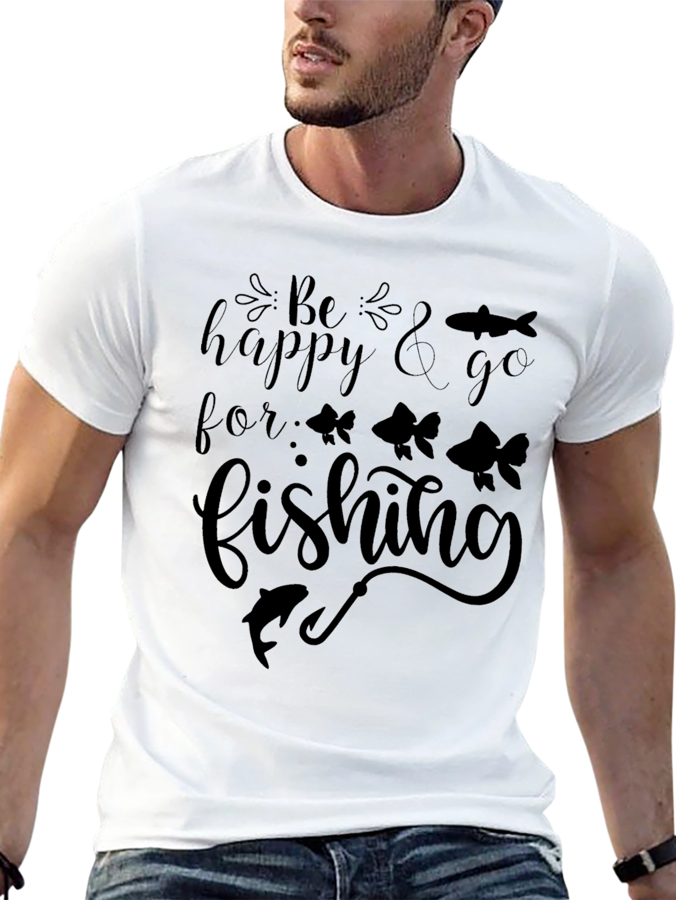 Be Happy & Go Fishing Graphic Tee - Mens Black Cotton T-Shirt