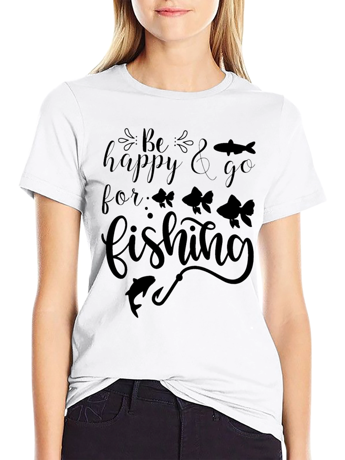 Be Happy & Go Fishing Graphic Tee - Mens Black Cotton T-Shirt