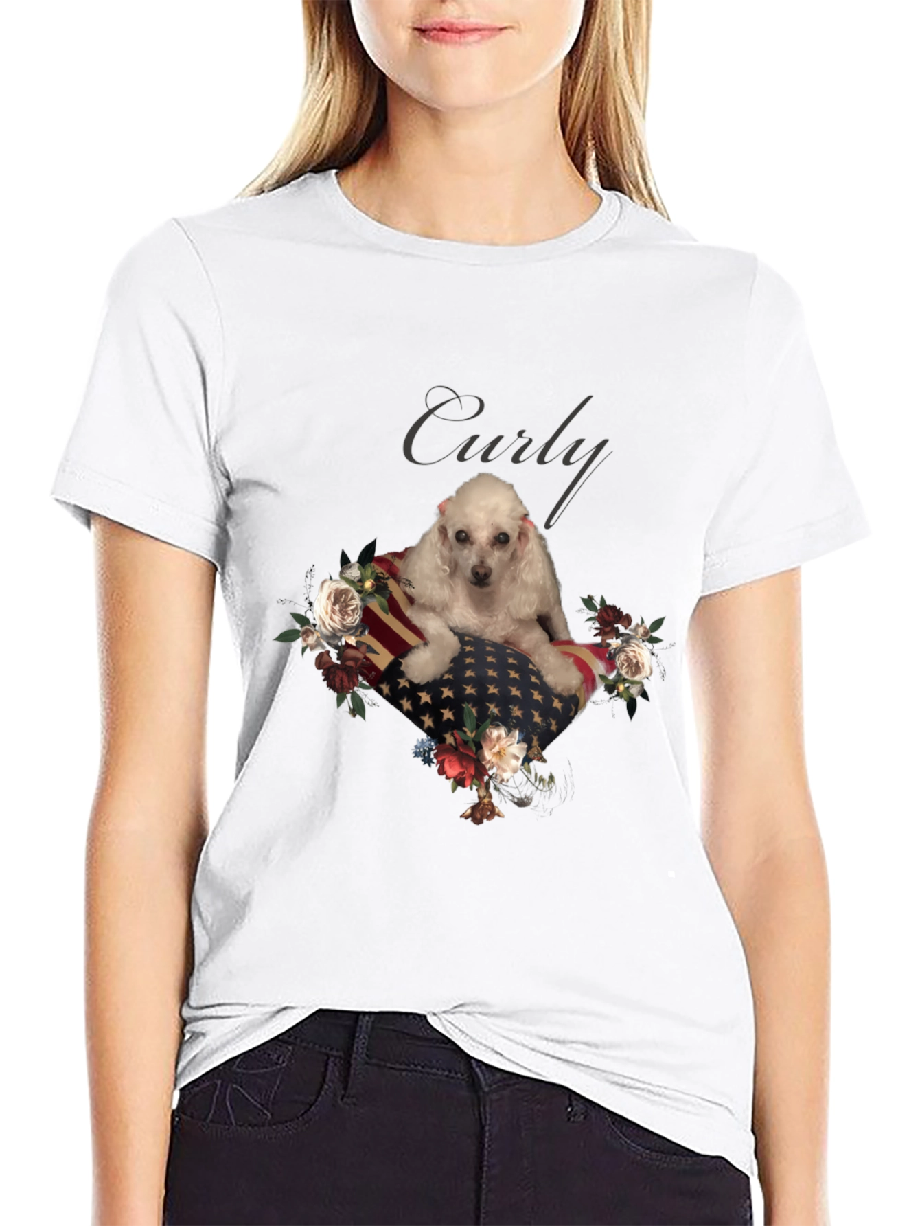 Dog Curly American Flag Floral T-Shirt