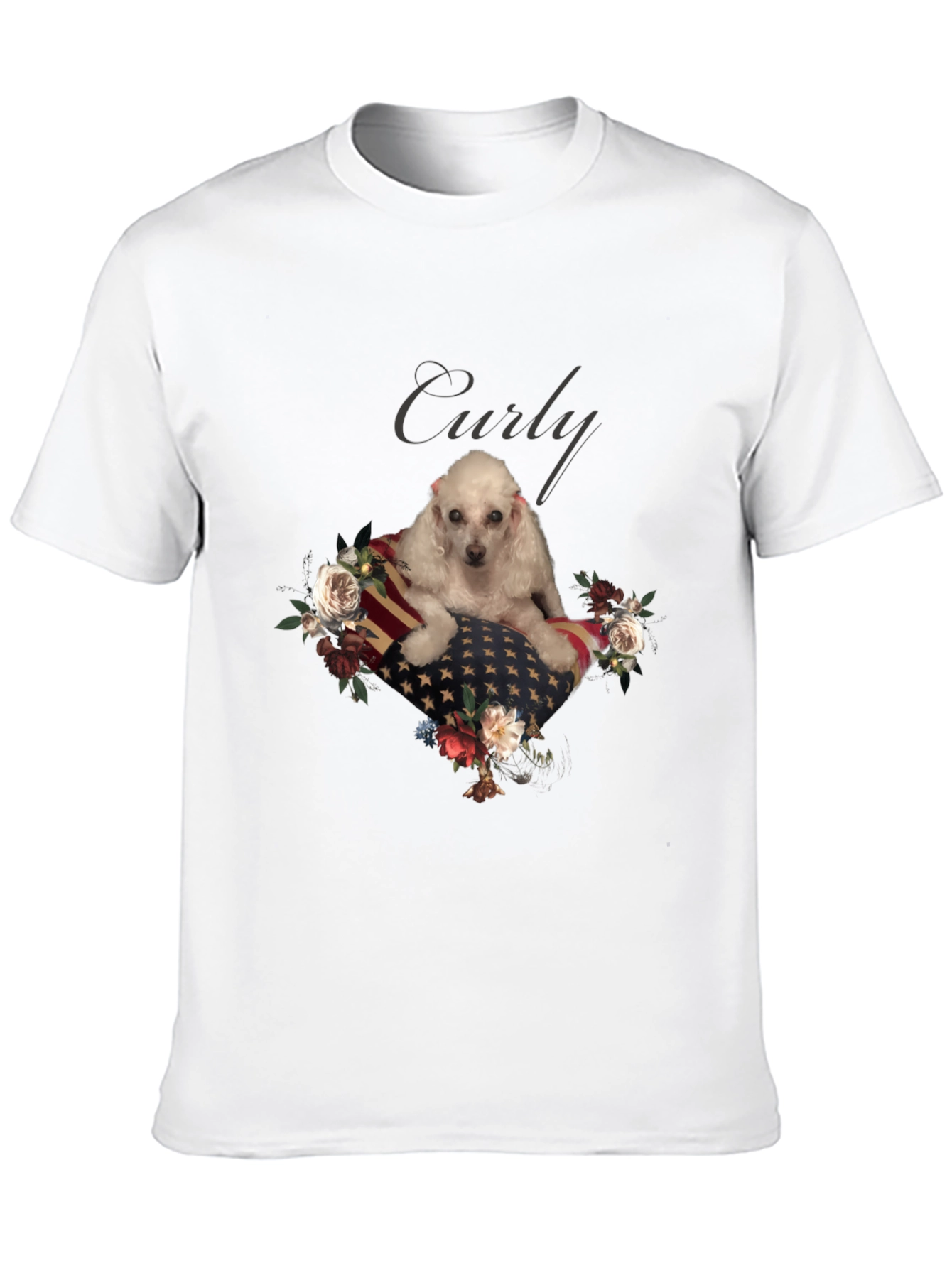 Dog Curly American Flag Floral T-Shirt