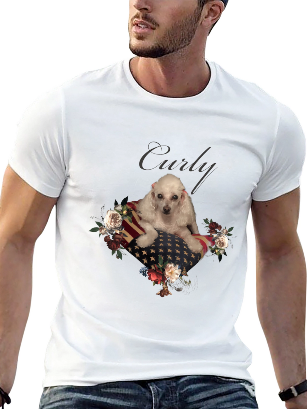 Dog Curly American Flag Floral T-Shirt
