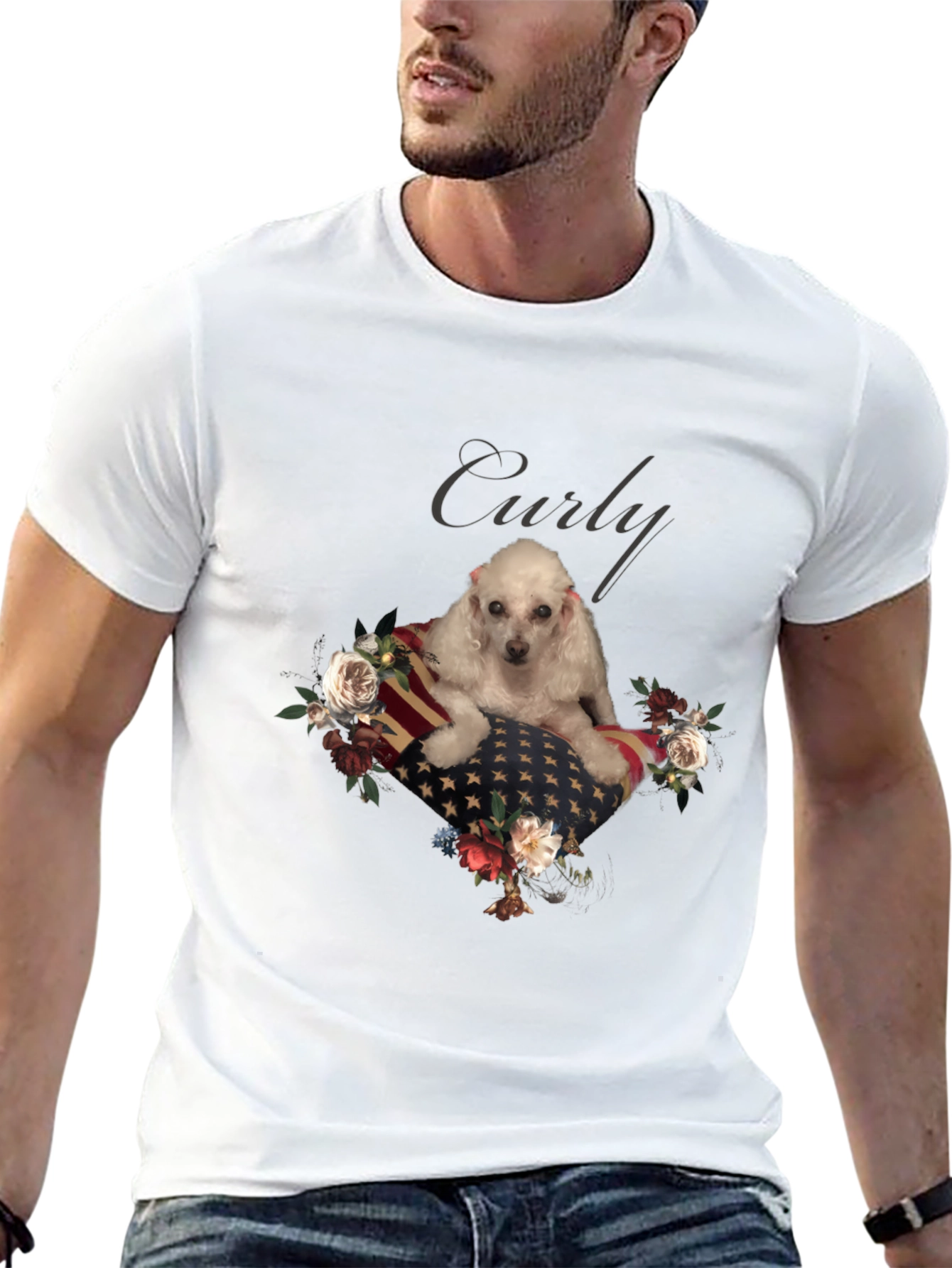 Dog Curly American Flag Floral T-Shirt
