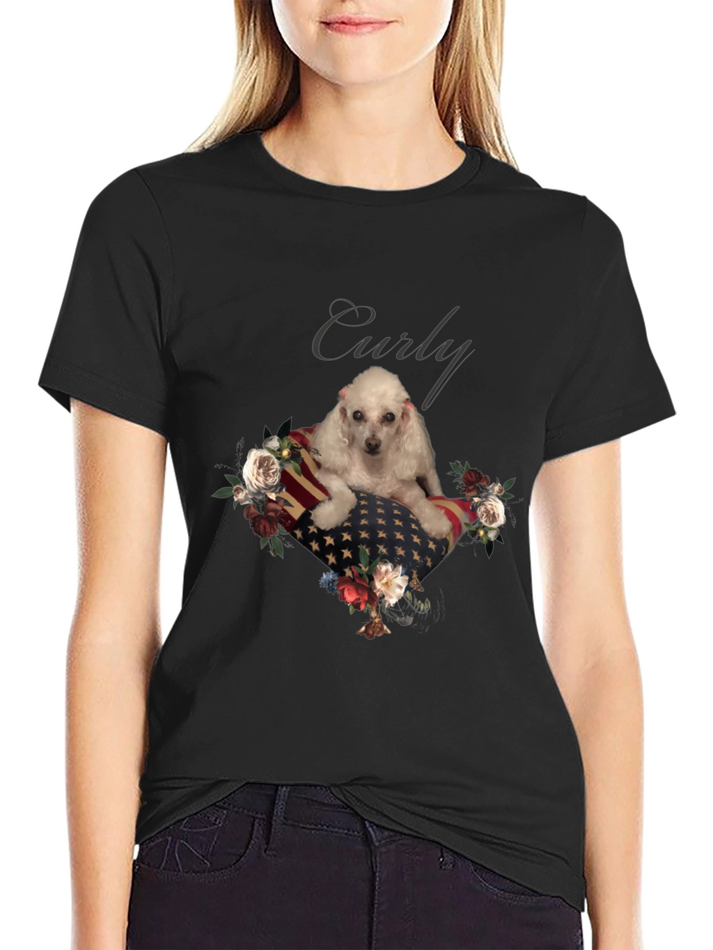 Dog Curly American Flag Floral T-Shirt