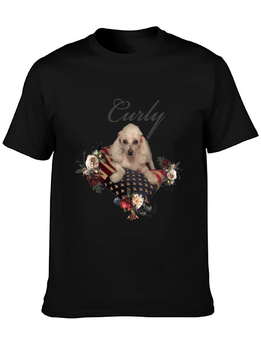 Dog Curly American Flag Floral T-Shirt