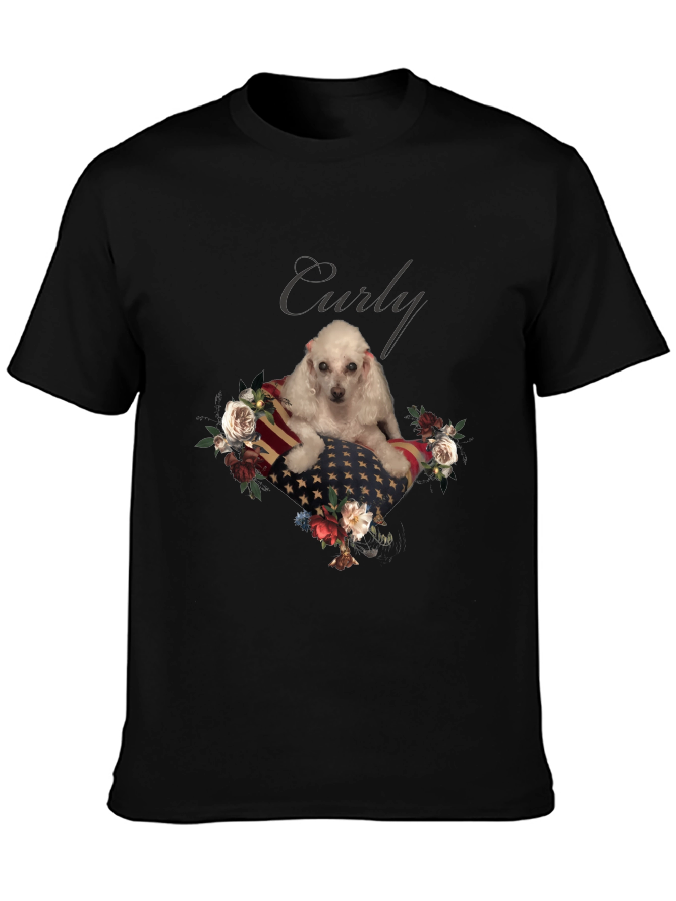 Dog Curly American Flag Floral T-Shirt