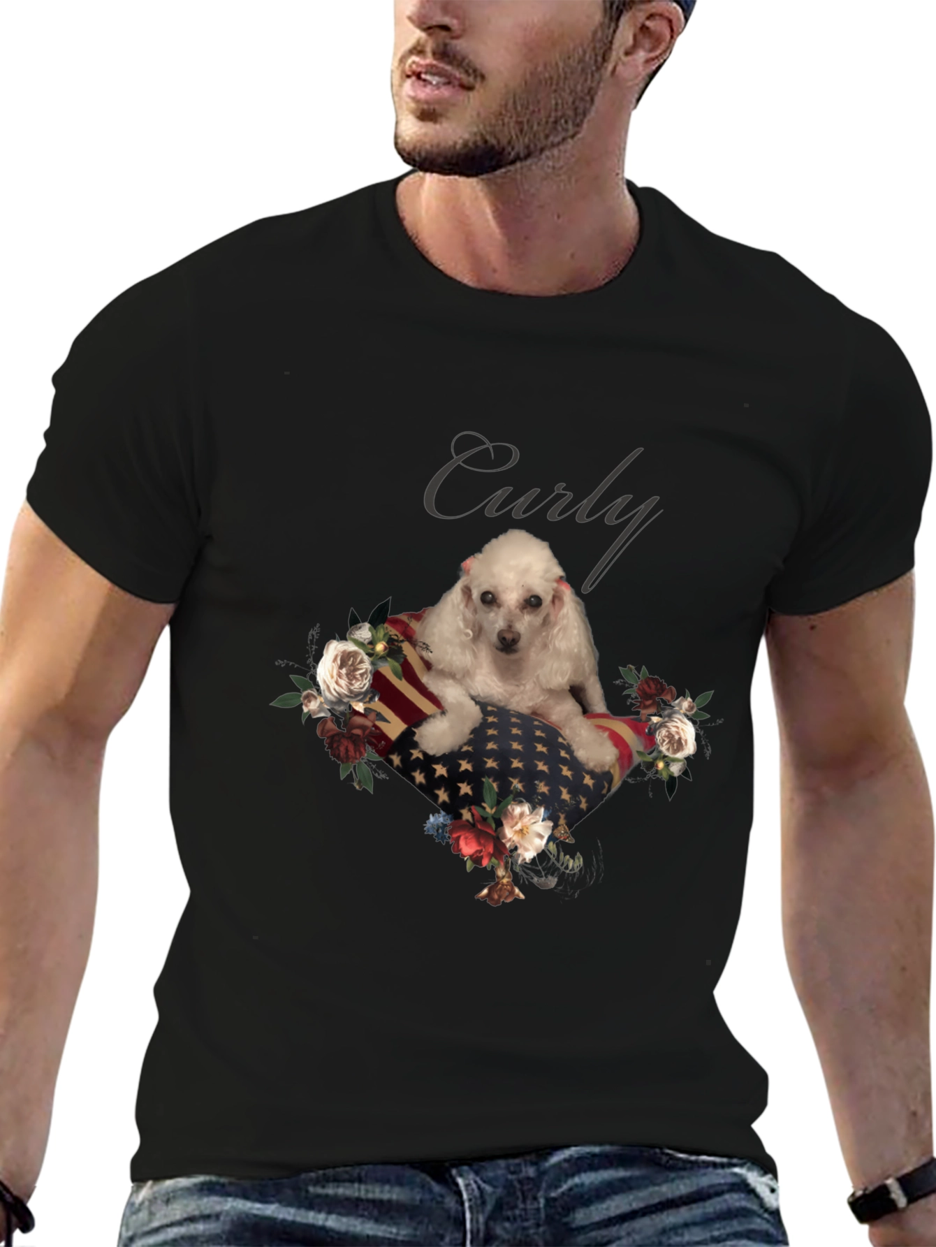 Dog Curly American Flag Floral T-Shirt