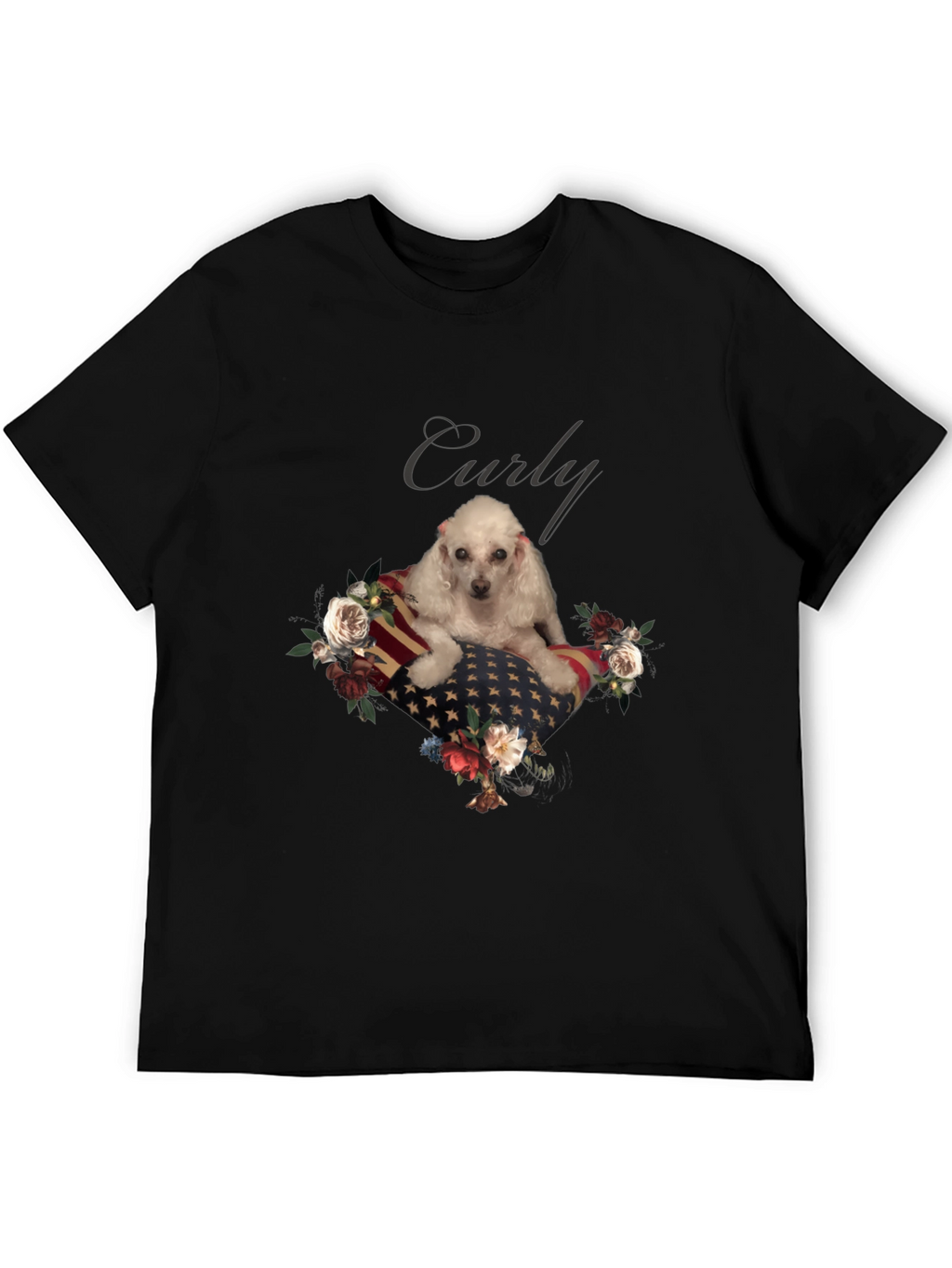 Dog Curly American Flag Floral T-Shirt