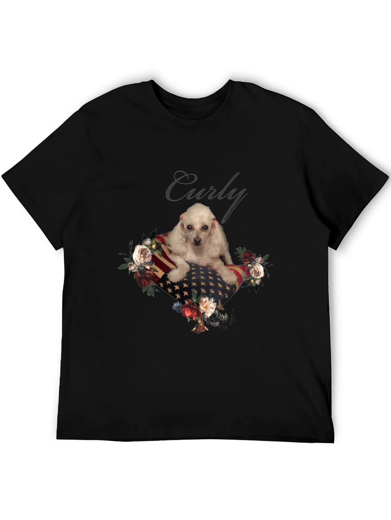 Dog Curly American Flag Floral T-Shirt