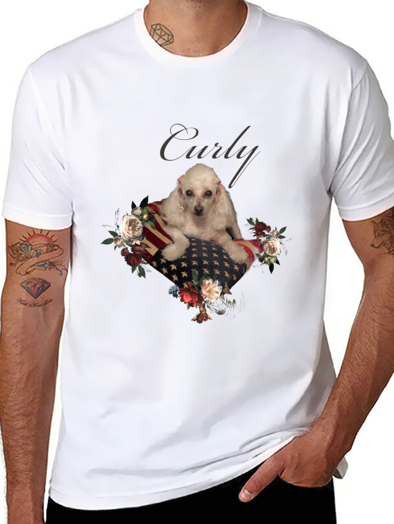 Dog Curly American Flag Floral T-Shirt