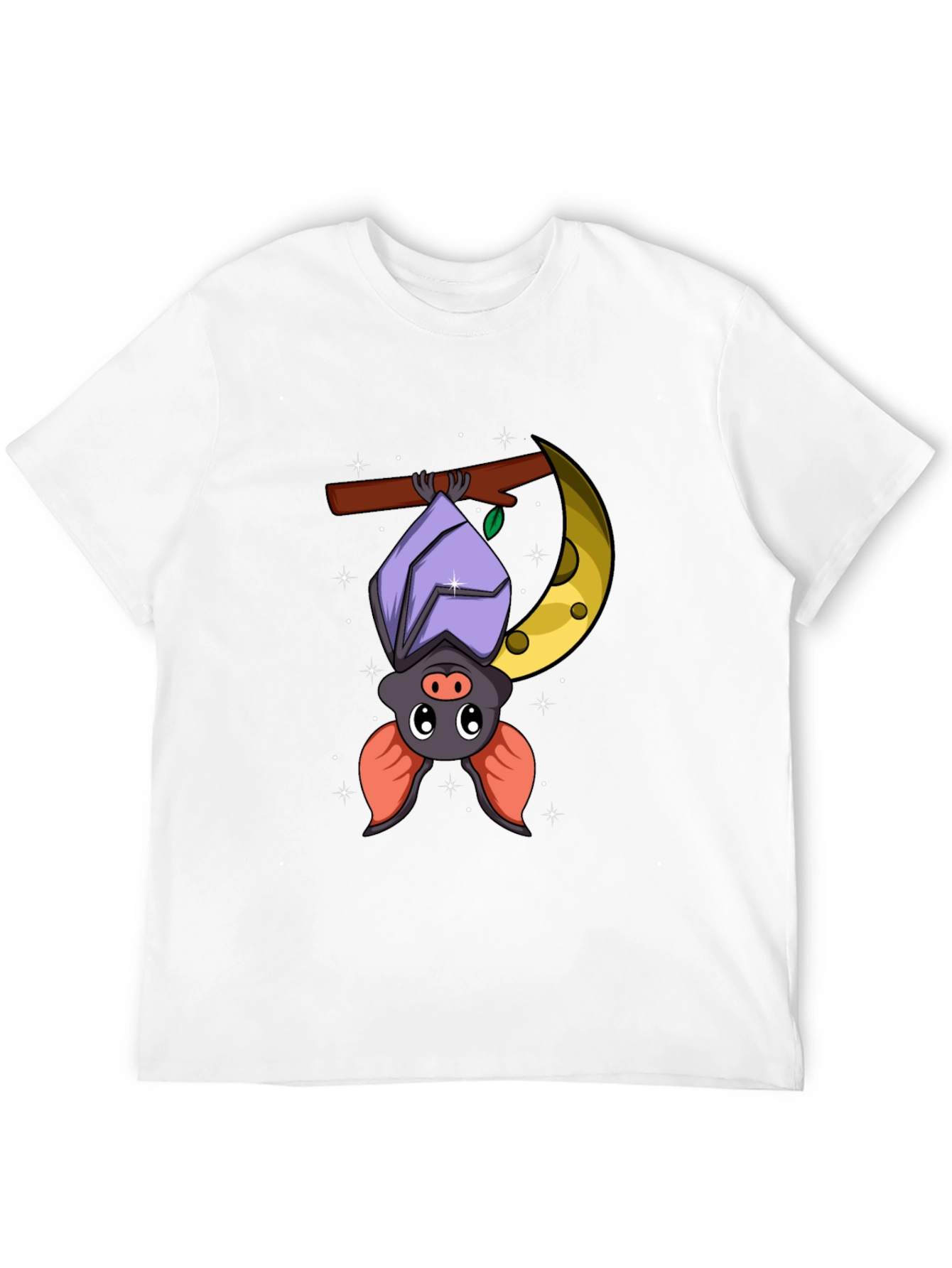 Cute Bat on Moon Graphic Tee - Black Cotton T-Shirt