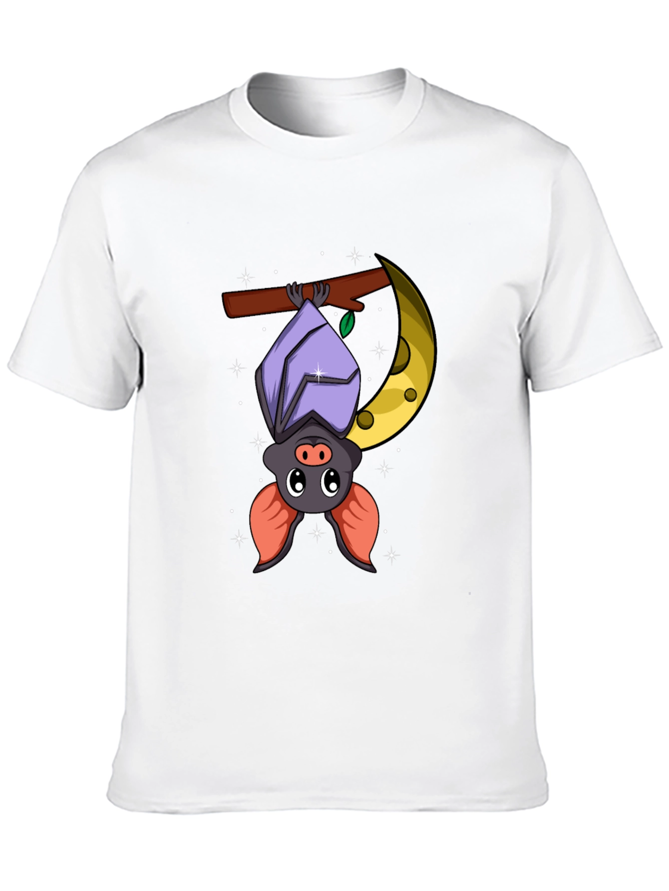 Cute Bat on Moon Graphic Tee - Black Cotton T-Shirt