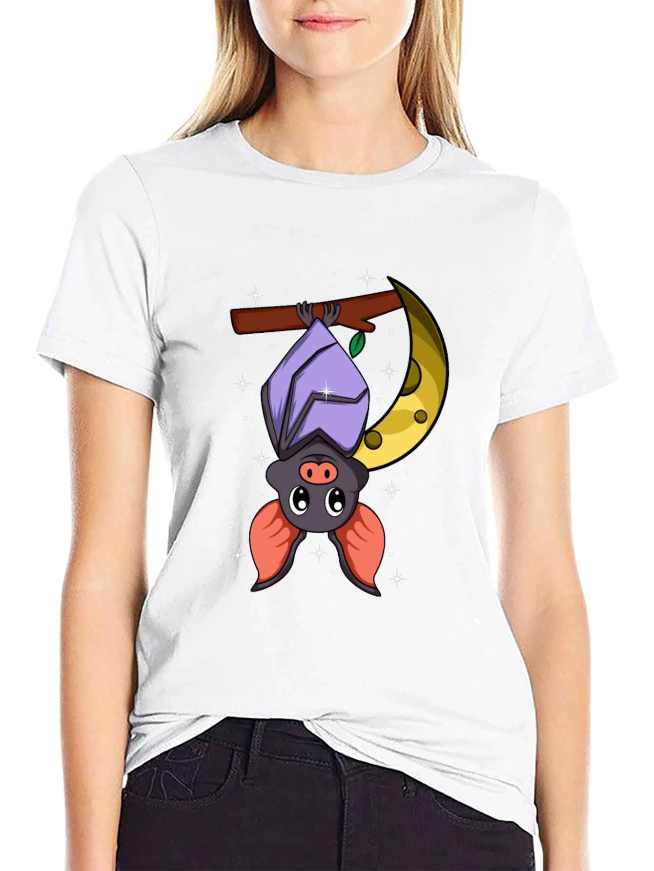 Cute Bat on Moon Graphic Tee - Black Cotton T-Shirt