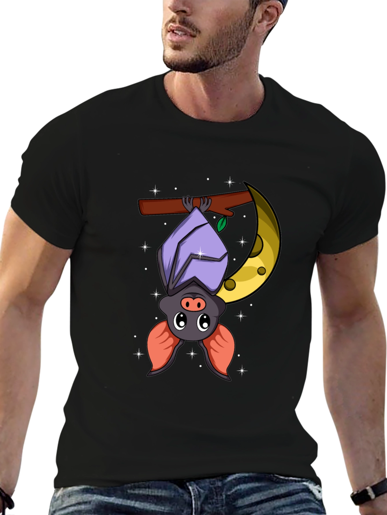 Cute Bat on Moon Graphic Tee - Black Cotton T-Shirt