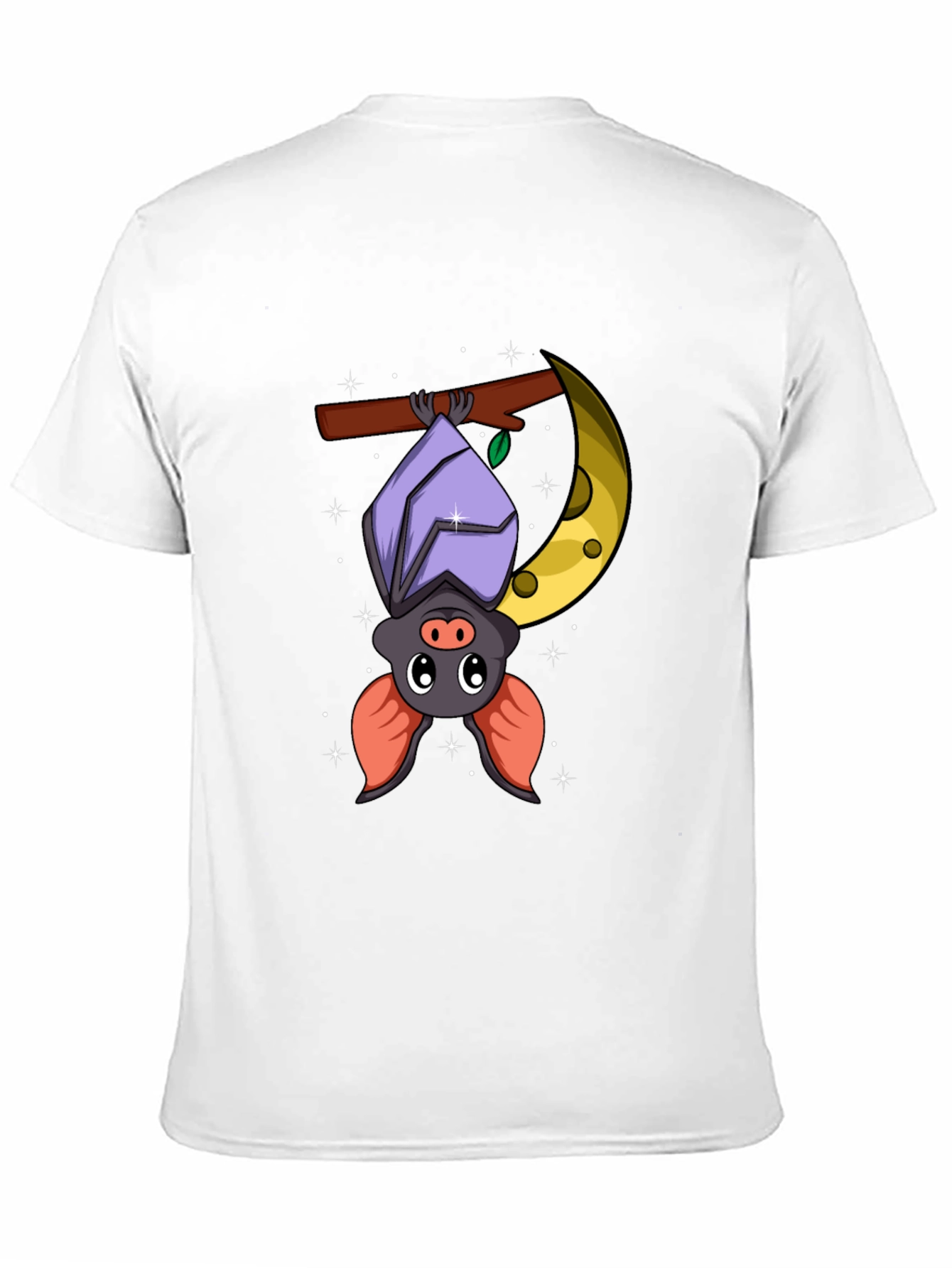 Cute Bat on Moon Graphic Tee - Black Cotton T-Shirt