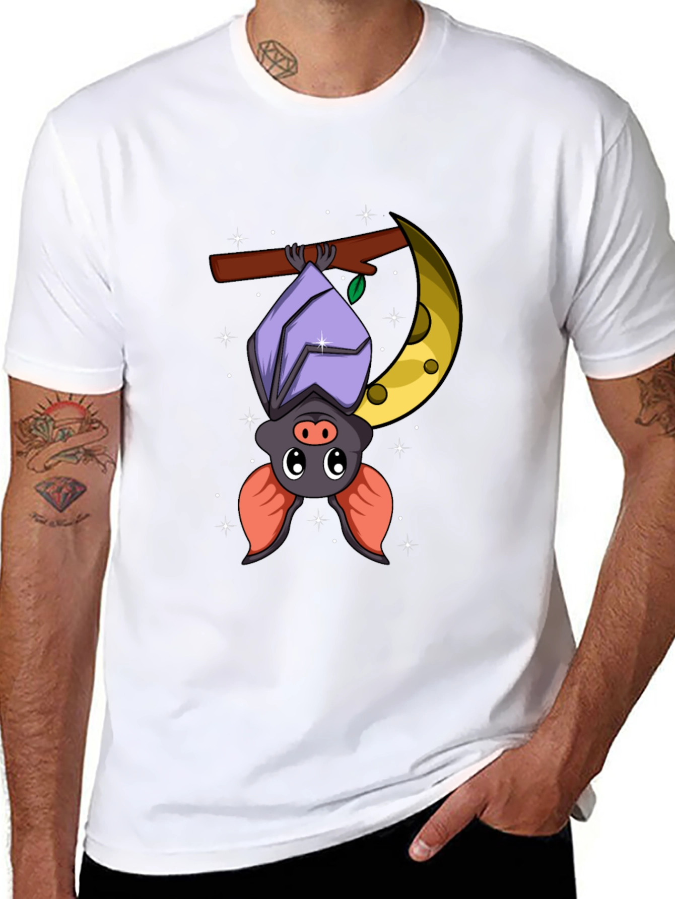 Cute Bat on Moon Graphic Tee - Black Cotton T-Shirt